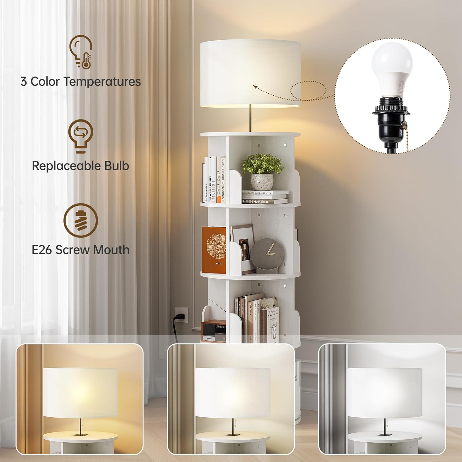 4 Tier Rotating Bookshelf with Lamp, 3 Color Temperatures, Vertical Bookcase Tower, Space-Saving Floor Standing Organizer for Living Room, Bedroom, White