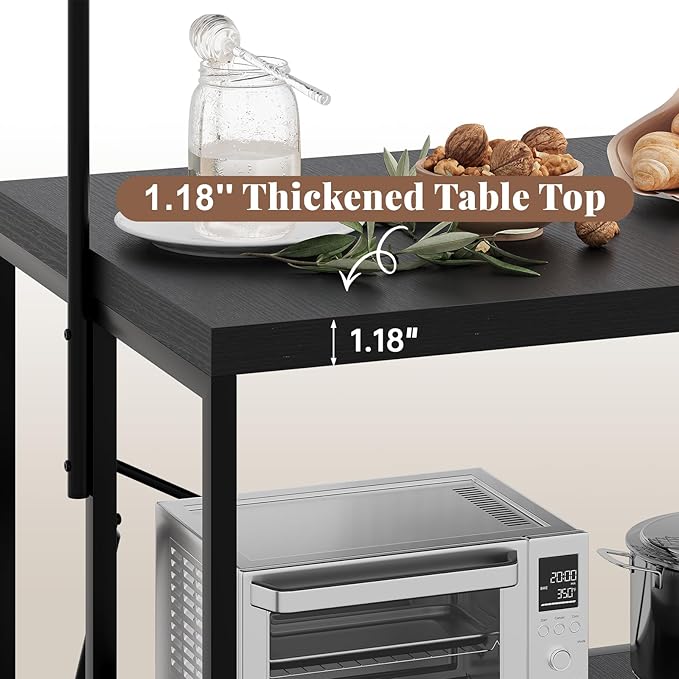 Kitchen Island with Storage, 3-Tier Bakers Rack with Power Outlet, Microwave Stand with 8 Hooks, 1.2" Thickened Tabletop, Large Coffee Bar Table, Black, 47"x28"x71"