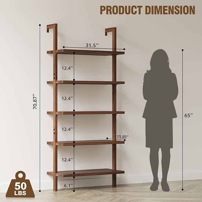 72" Tall Ladder Shelf Bookcase with 1" Thick Wood - Faux Wood Grain Finish, Wall Mounted Bookshelf, 5-Tier Open Storage Shelf for Bedroom, Rustic Brown