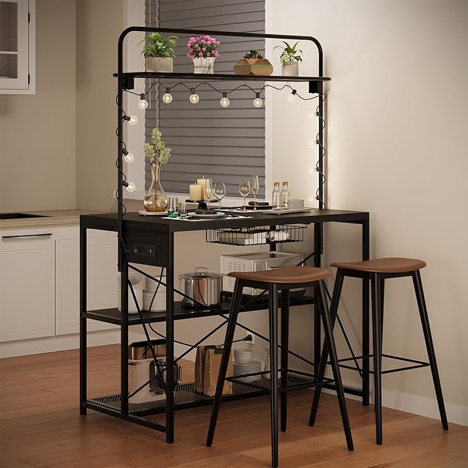 Kitchen Island with Storage, 3-Tier Bakers Rack with Power Outlet, Microwave Stand with 8 Hooks, 1.2" Thickened Tabletop, Large Coffee Bar Table, Black, 47"x28"x71"