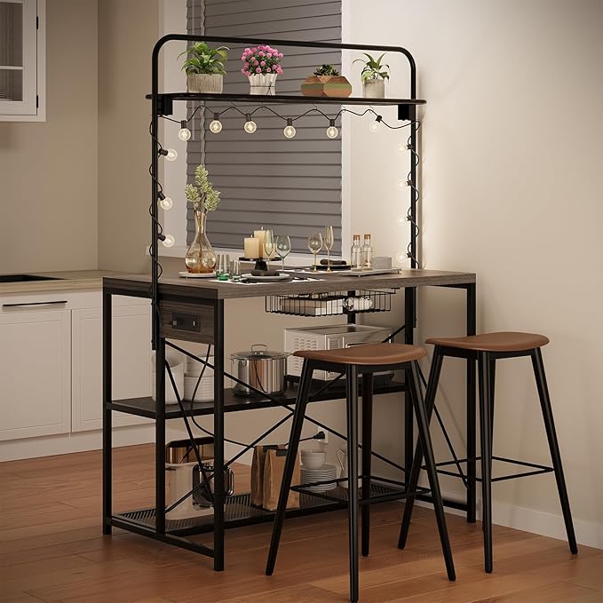 Kitchen Island with Storage, 3-Tier Bakers Rack with Power Outlet, Microwave Stand with 8 Hooks, 1.2" Thickened Tabletop, Large Coffee Bar Table, Grey, 47"x28"x71"