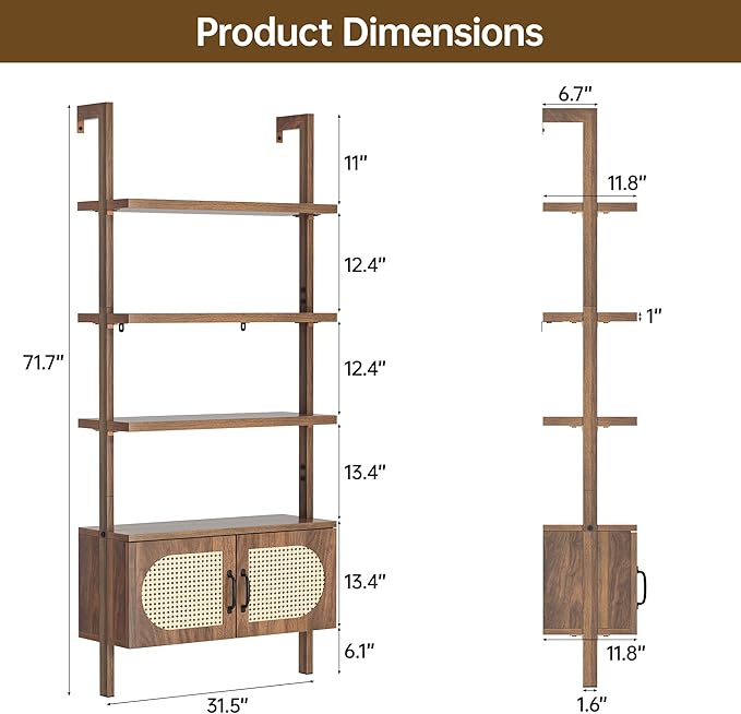 72" Tall Ladder Bookshelf with Cabinet - Faux Wood Grain Finish, 5-Tier Open Storage with Rattan Doors, Wall Mounted Book Shelf, Rustic Brown