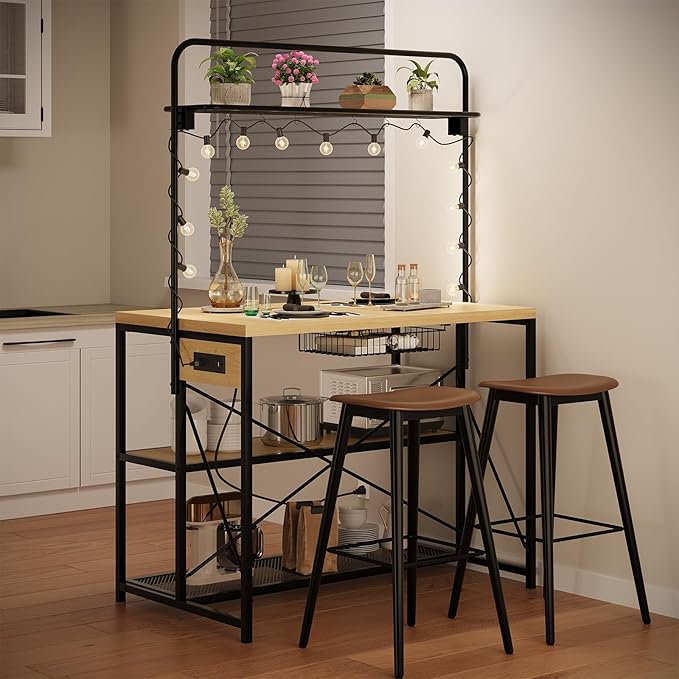 Kitchen Island with Storage, 3-Tier Bakers Rack with Power Outlet, Microwave Stand with 8 Hooks, 1.2" Thickened Tabletop, Large Coffee Bar Table, Natural, 47"x28"x71"