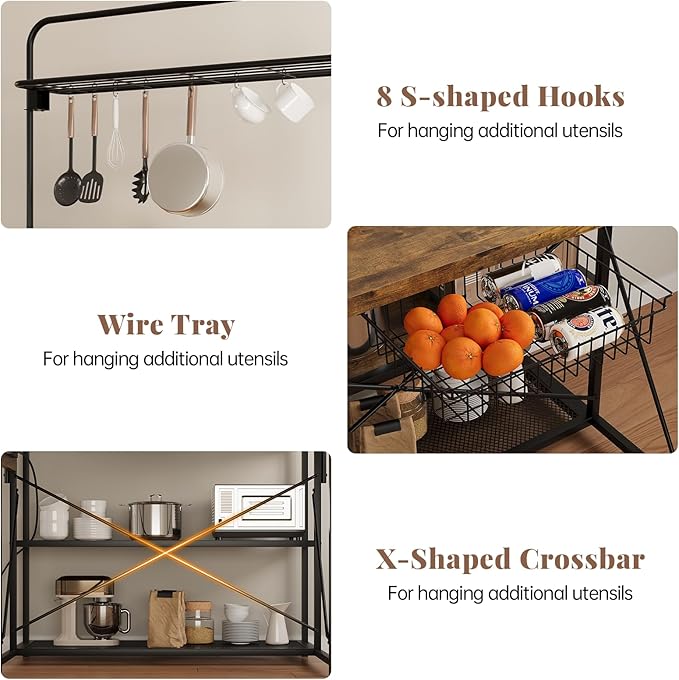 Kitchen Island with Storage, 3-Tier Bakers Rack with Power Outlet, Microwave Stand with 8 Hooks, 1.2" Thickened Tabletop, Large Coffee Bar Table, Vintage Brown, 47"x28"x71"