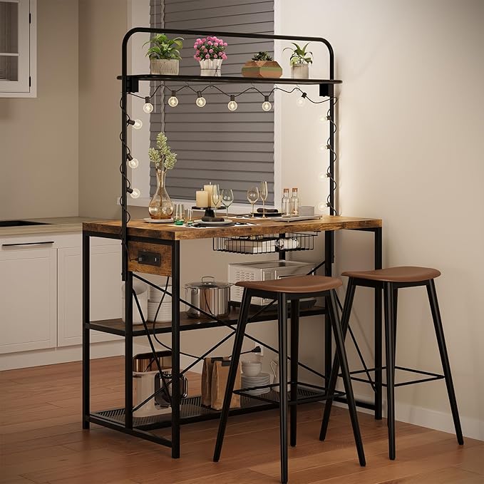 Kitchen Island with Storage, 3-Tier Bakers Rack with Power Outlet, Microwave Stand with 8 Hooks, 1.2" Thickened Tabletop, Large Coffee Bar Table, Vintage Brown, 47"x28"x71"