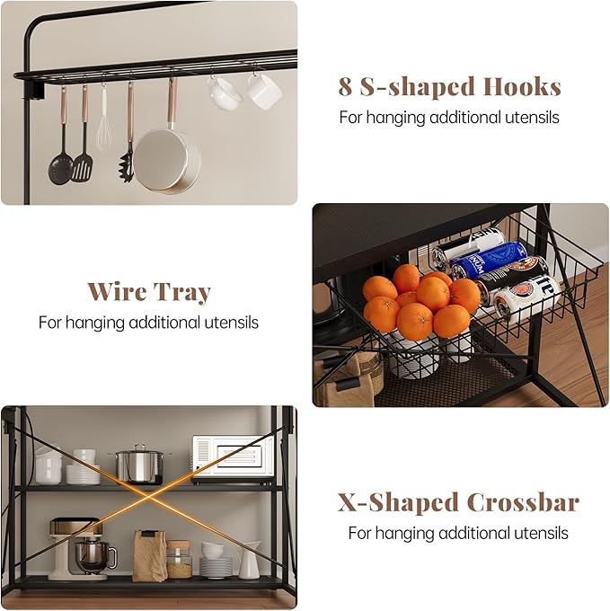 Kitchen Island with Storage, 3-Tier Bakers Rack with Power Outlet, Microwave Stand with 8 Hooks, 1.2" Thickened Tabletop, Large Coffee Bar Table, Black, 47"x28"x71"