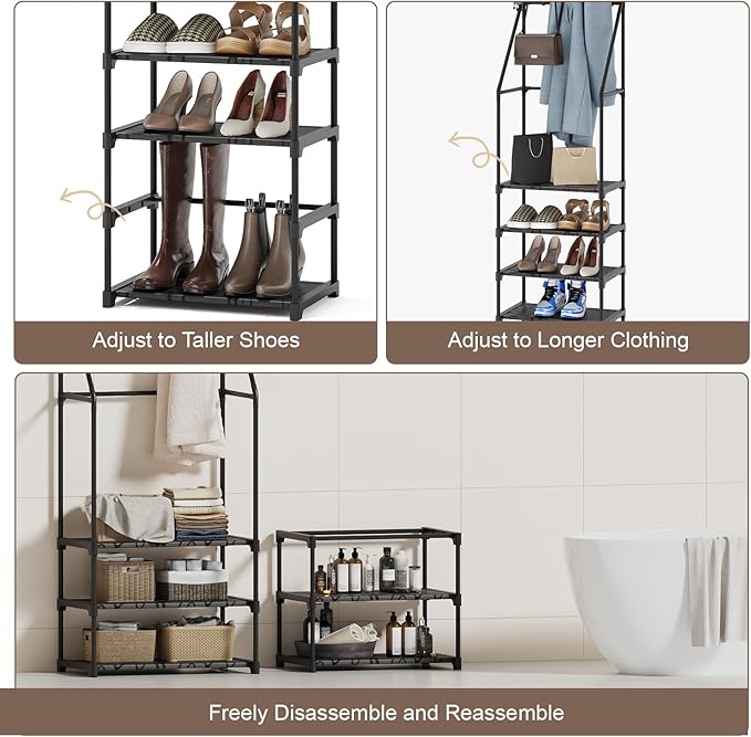 Coat Rack With Shoe Storage, Space-Saving Entryway Coat Shoe Rack, Easy Assembly Hall Tree, Multifunctional Storage Solution，Black