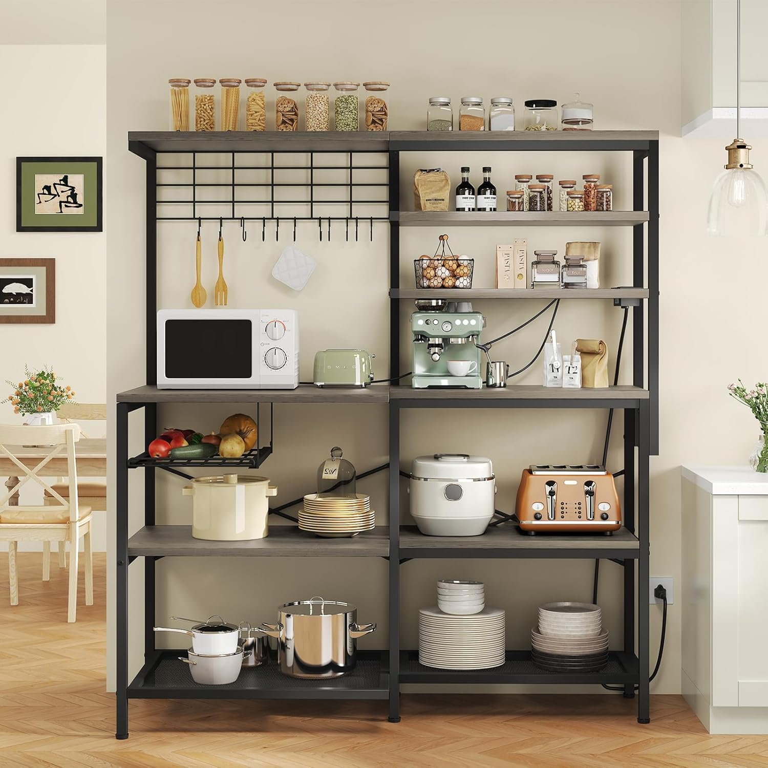 L-Shaped Bakers Rack with Power Outlets, 6-Tier Microwave Stand with Hooks, Coffee Bar with Open Storage, Mesh Grid, Kitchen Shelf with Wire Basket, Grey