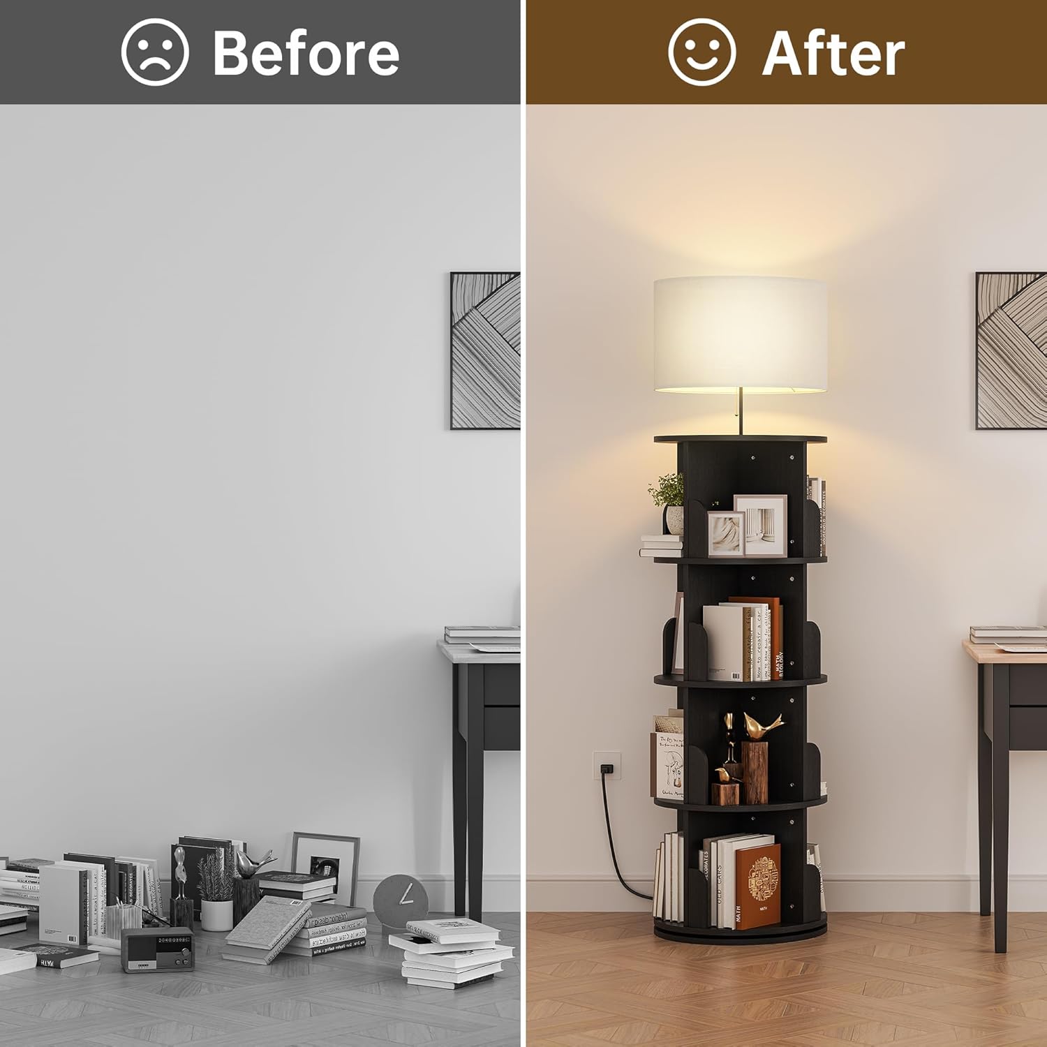 Rotating 4-Tier Bookshelf with Adjustable Light, 360° Spinning Bookcase Tower, Tall Floor Standing Book Shelf for Bedroom, Living Room, Office, Black