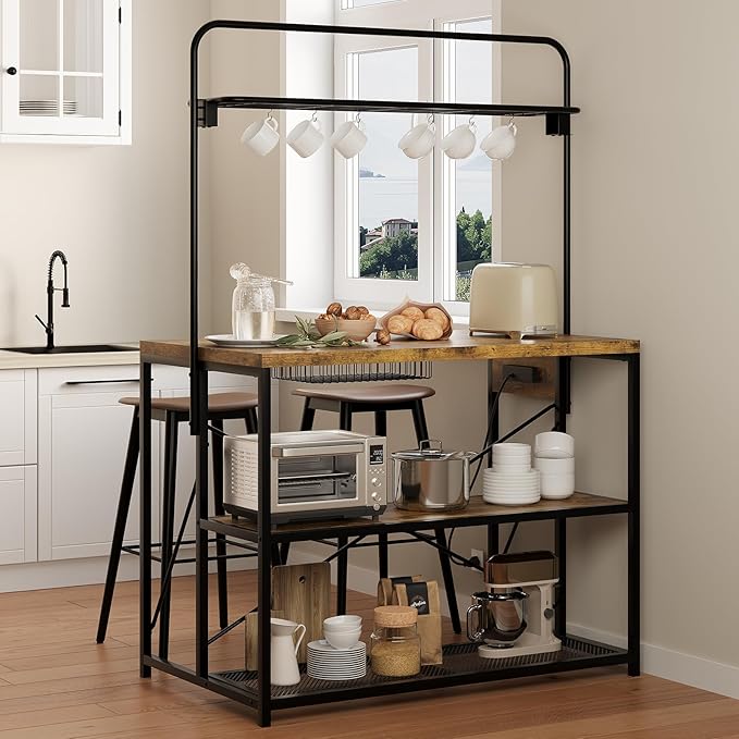 Kitchen Island with Storage, 3-Tier Bakers Rack with Power Outlet, Microwave Stand with 8 Hooks, 1.2" Thickened Tabletop, Large Coffee Bar Table, Vintage Brown, 47"x28"x71"