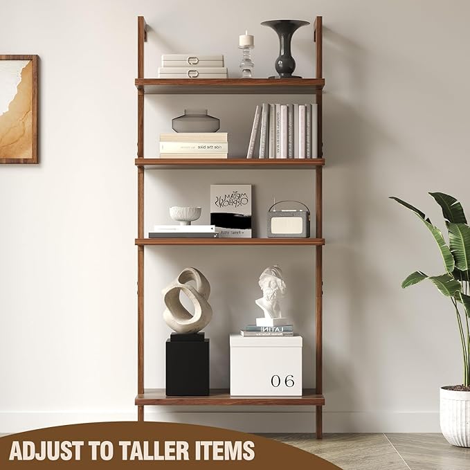 72" Tall Ladder Shelf Bookcase with 1" Thick Wood - Faux Wood Grain Finish, Wall Mounted Bookshelf, 5-Tier Open Storage Shelf for Bedroom, Rustic Brown