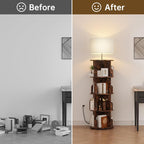 4 Tier Rotating Bookshelf with Light, 360° Spinning Bookcase Tower, Vertical Floor Standing Revolving Bookshelf Organizer for Small Spaces, Corner, Living Room, Bedroom, Rustic Brown