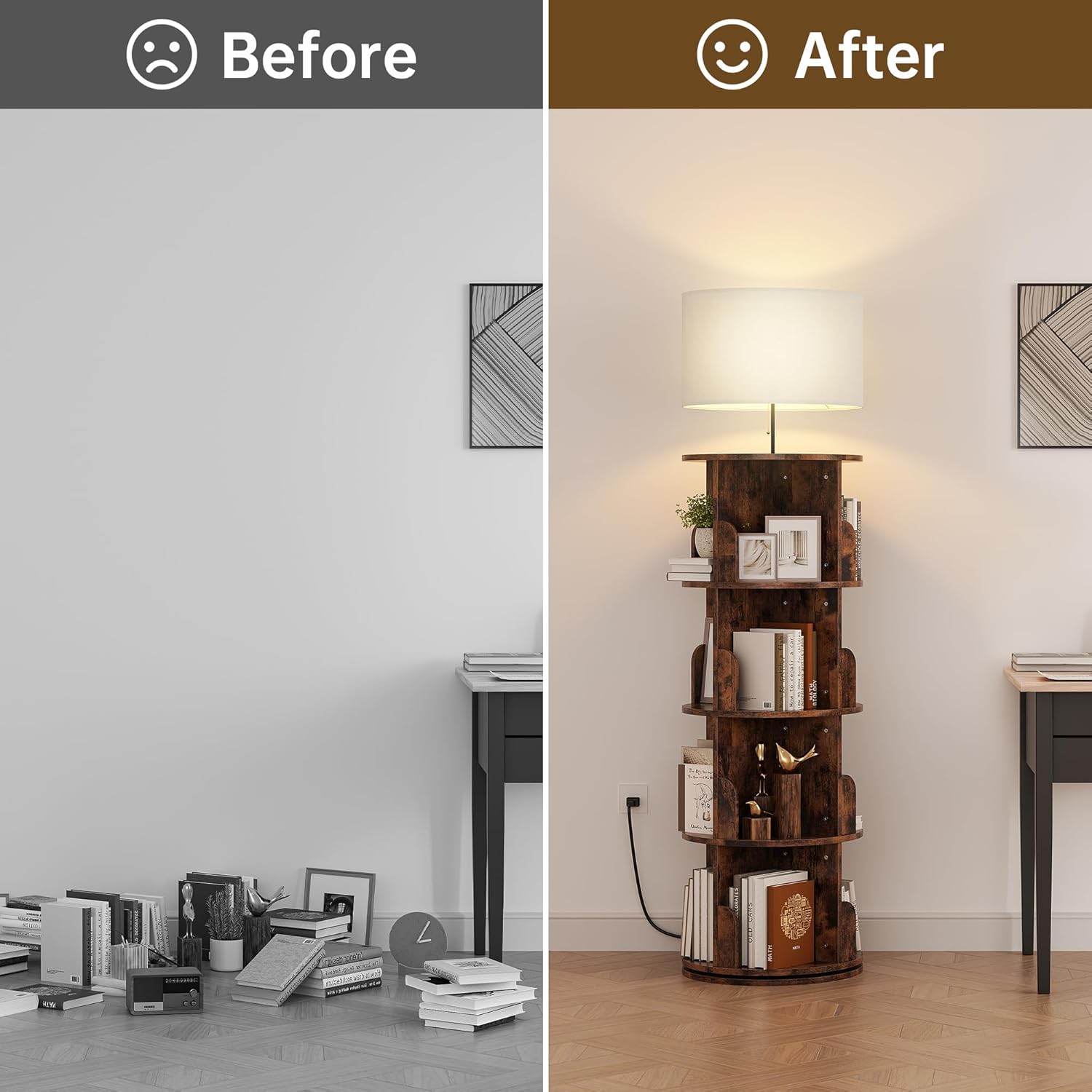4 Tier Rotating Bookshelf with Light, 360° Spinning Bookcase Tower, Vertical Floor Standing Revolving Bookshelf Organizer for Small Spaces, Corner, Living Room, Bedroom, Rustic Brown