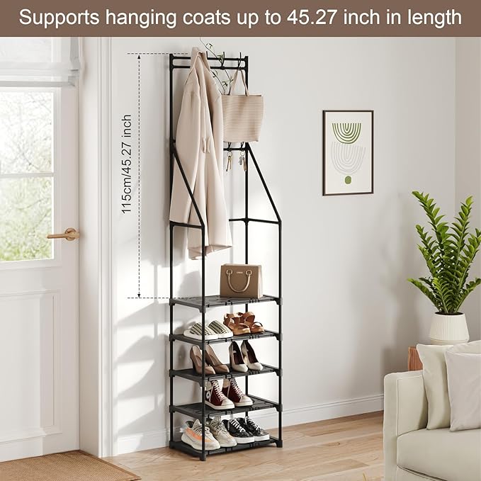 Coat Rack With Shoe Storage, Space-Saving Entryway Coat Shoe Rack, Easy Assembly Hall Tree, Multifunctional Storage Solution，Black