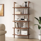 72" Tall Ladder Shelf Bookcase with 1" Thick Wood - Faux Wood Grain Finish, Wall Mounted Bookshelf, 5-Tier Open Storage Shelf for Bedroom, Rustic Brown