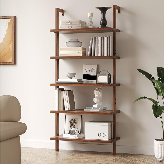 72" Tall Ladder Shelf Bookcase with 1" Thick Wood - Faux Wood Grain Finish, Wall Mounted Bookshelf, 5-Tier Open Storage Shelf for Bedroom, Rustic Brown