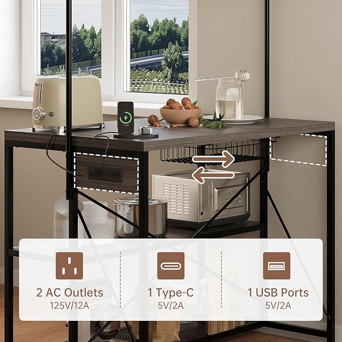 Kitchen Island with Storage, 3-Tier Bakers Rack with Power Outlet, Microwave Stand with 8 Hooks, 1.2" Thickened Tabletop, Large Coffee Bar Table, Grey, 47"x28"x71"