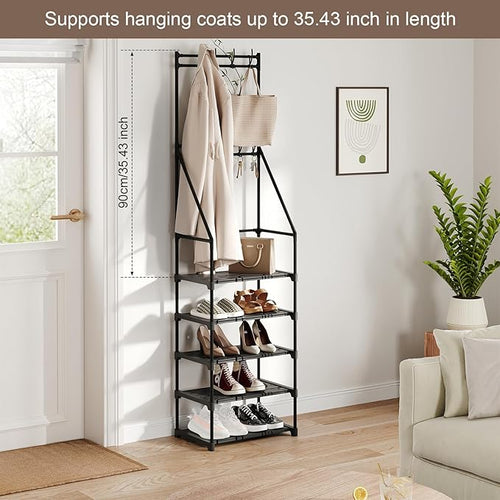 3-in-1 Coat Shoe Rack Space-Saving Hall Tree, 5 Tier Shoe Storage with Removable Hooks, Multifunctional Solution，Black