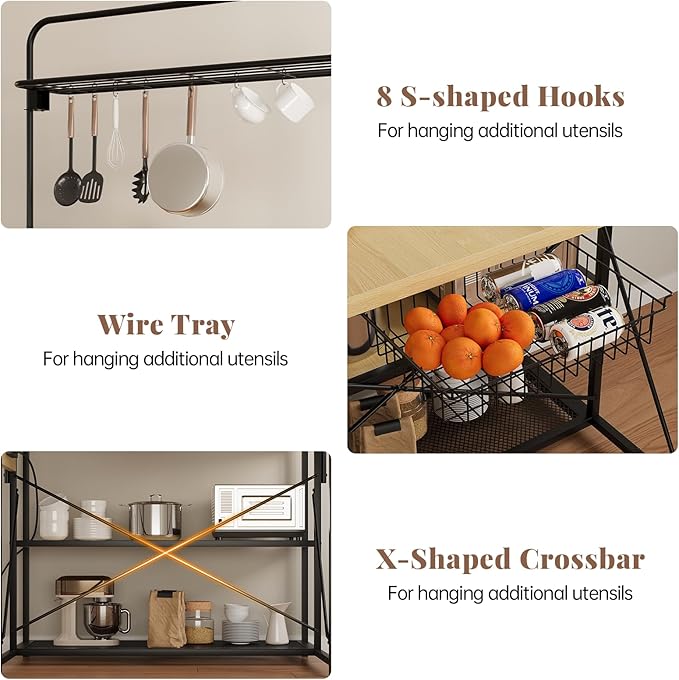 Kitchen Island with Storage, 3-Tier Bakers Rack with Power Outlet, Microwave Stand with 8 Hooks, 1.2" Thickened Tabletop, Large Coffee Bar Table, Natural, 47"x28"x71"