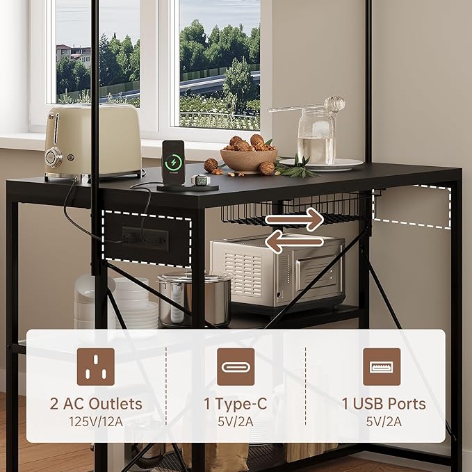 Kitchen Island with Storage, 3-Tier Bakers Rack with Power Outlet, Microwave Stand with 8 Hooks, 1.2" Thickened Tabletop, Large Coffee Bar Table, Black, 47"x28"x71"
