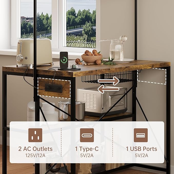 Kitchen Island with Storage, 3-Tier Bakers Rack with Power Outlet, Microwave Stand with 8 Hooks, 1.2" Thickened Tabletop, Large Coffee Bar Table, Vintage Brown, 47"x28"x71"
