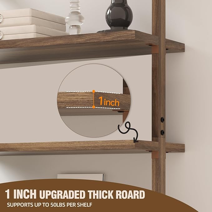 72" Tall Ladder Shelf Bookcase with 1" Thick Wood - Faux Wood Grain Finish, Wall Mounted Bookshelf, 5-Tier Open Storage Shelf for Bedroom, Rustic Brown
