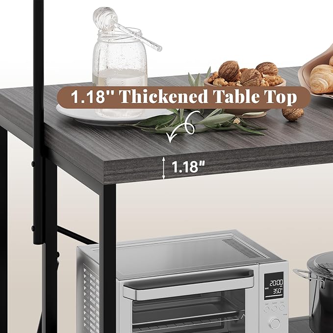 Kitchen Island with Storage, 3-Tier Bakers Rack with Power Outlet, Microwave Stand with 8 Hooks, 1.2" Thickened Tabletop, Large Coffee Bar Table, Grey, 47"x28"x71"