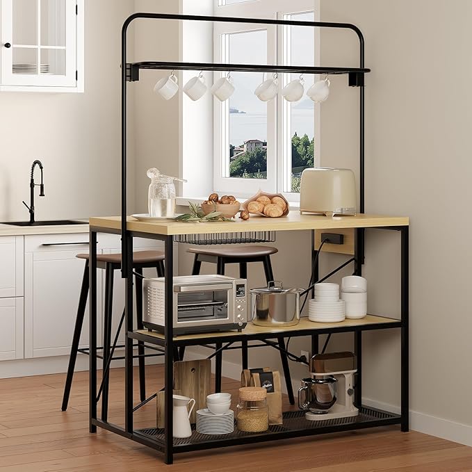 Kitchen Island with Storage, 3-Tier Bakers Rack with Power Outlet, Microwave Stand with 8 Hooks, 1.2" Thickened Tabletop, Large Coffee Bar Table, Natural, 47"x28"x71"