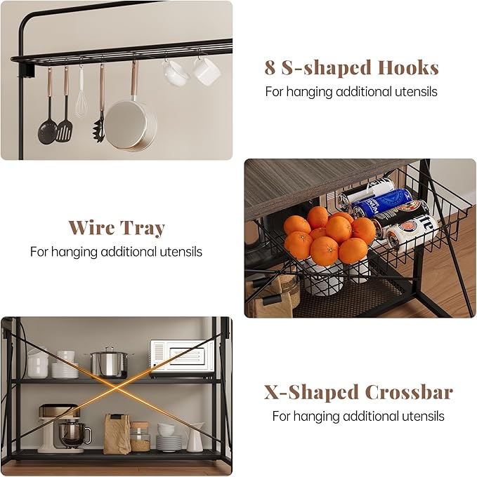Kitchen Island with Storage, 3-Tier Bakers Rack with Power Outlet, Microwave Stand with 8 Hooks, 1.2" Thickened Tabletop, Large Coffee Bar Table, Grey, 47"x28"x71"