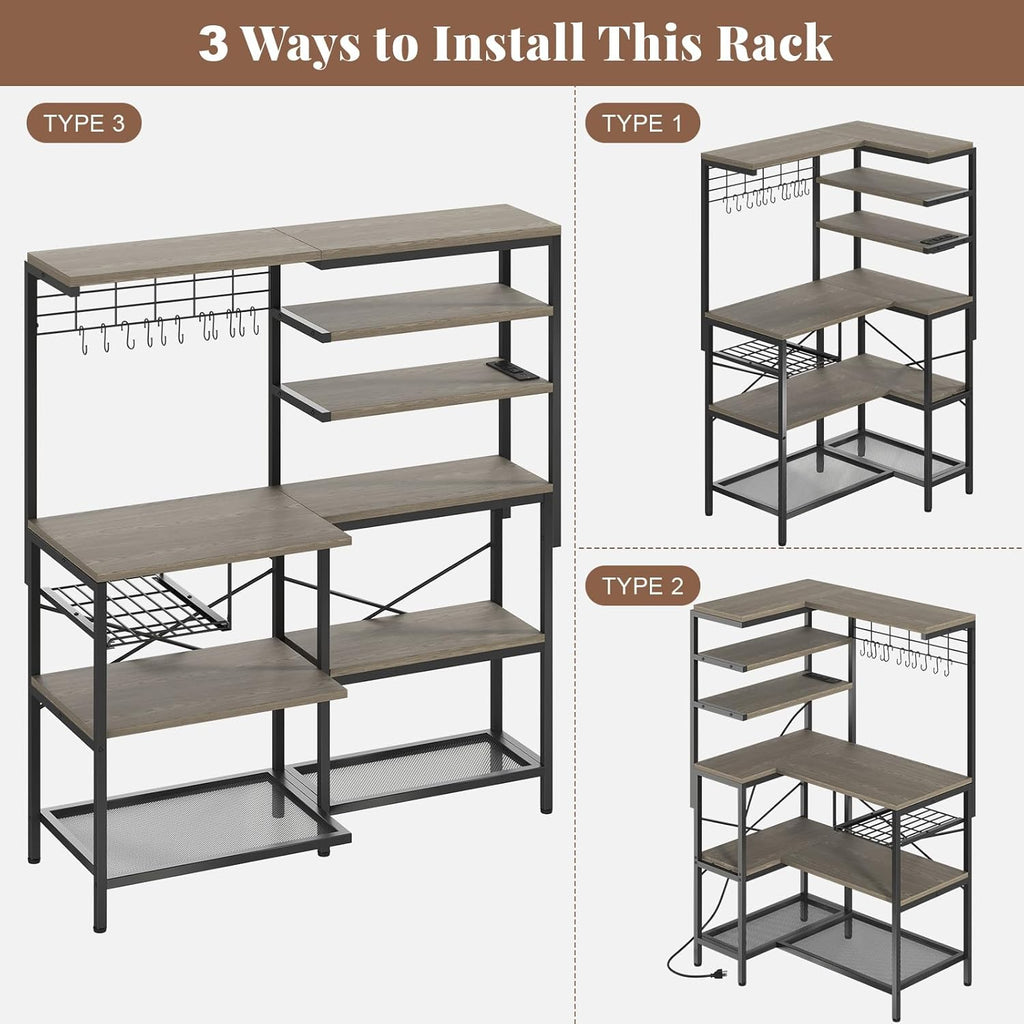 L-Shaped Bakers Rack with Power Outlets, 6-Tier Microwave Stand with Hooks, Coffee Bar with Open Storage, Mesh Grid, Kitchen Shelf with Wire Basket, Grey