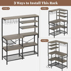 L-Shaped Bakers Rack with Power Outlets, 6-Tier Microwave Stand with Hooks, Coffee Bar with Open Storage, Mesh Grid, Kitchen Shelf with Wire Basket, Grey