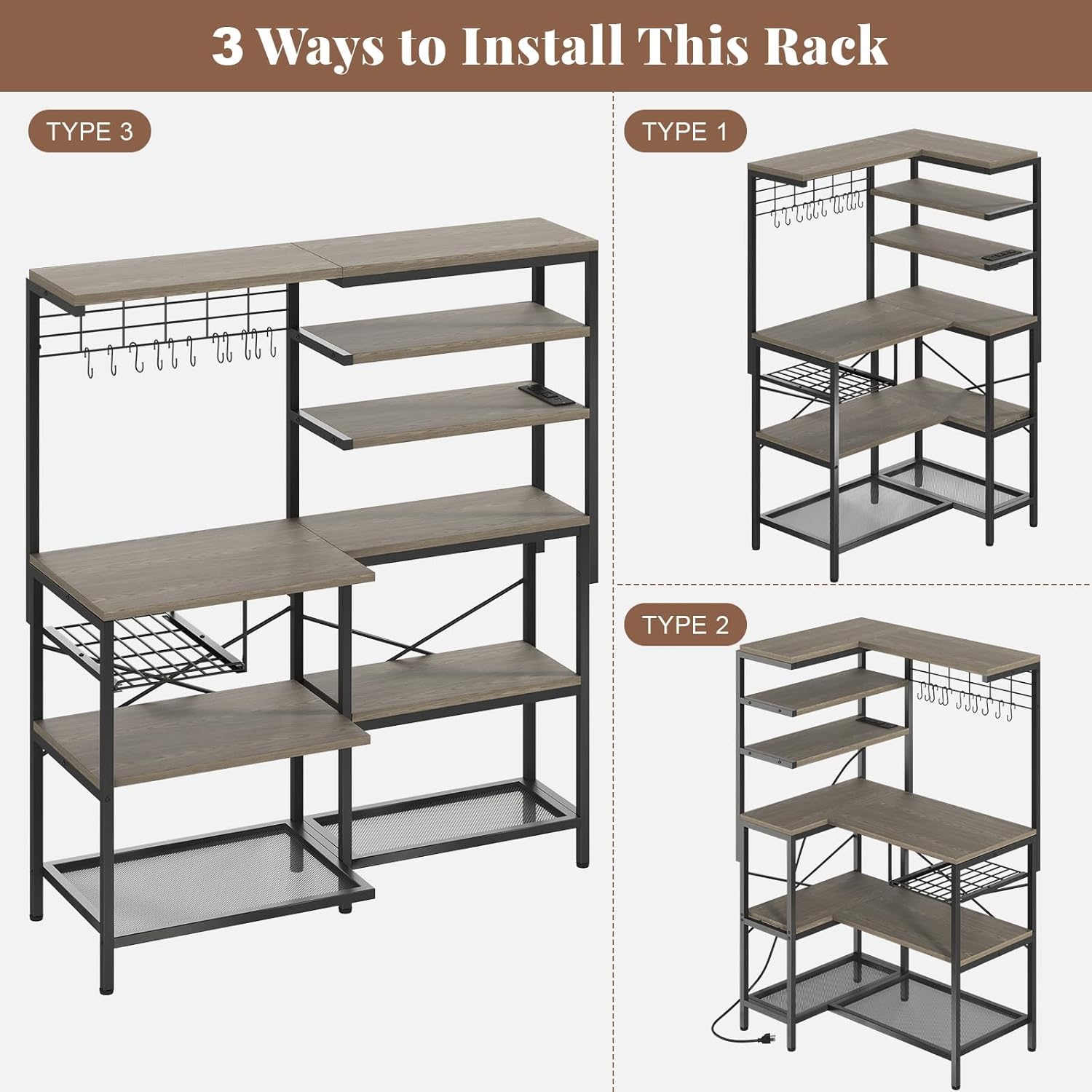 L-Shaped Bakers Rack with Power Outlets, 6-Tier Microwave Stand with Hooks, Coffee Bar with Open Storage, Mesh Grid, Kitchen Shelf with Wire Basket, Grey