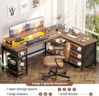 61" L Shaped Computer Desk with Power Outlets & USB Ports, Reversible Corner Gaming Desk with Drawers, Home Office Desk with Storage Shelves, LED Lights, Rustic Brown