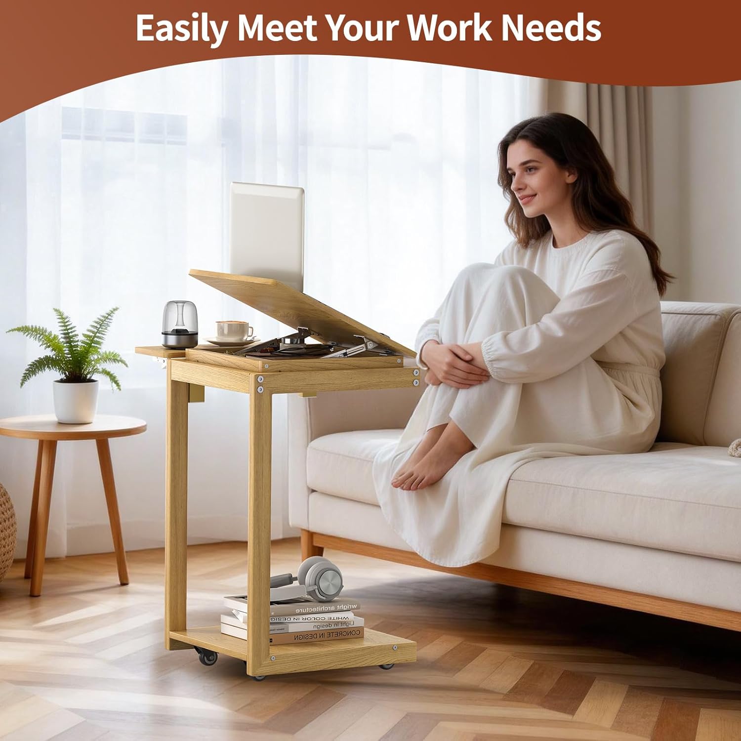 C Shaped End Table for Couch, C Side Table with Convertible Desktop, Folding Tray & Lockable Wheels, 360° Swivel TV Tray Table, Couch Tables That Slide Under, for Living Room, Bedroom, Sofa, Oak