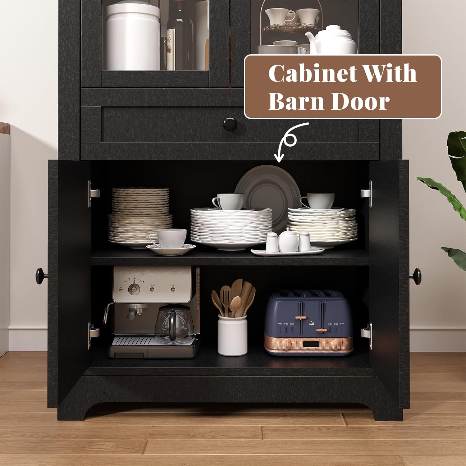 71" Tall Farmhouse Arched Storage Cabinet with Glass Door, Drawer and Barn Door, Versatile Pantry for Kitchen, Dining Room, Bathroom, Black