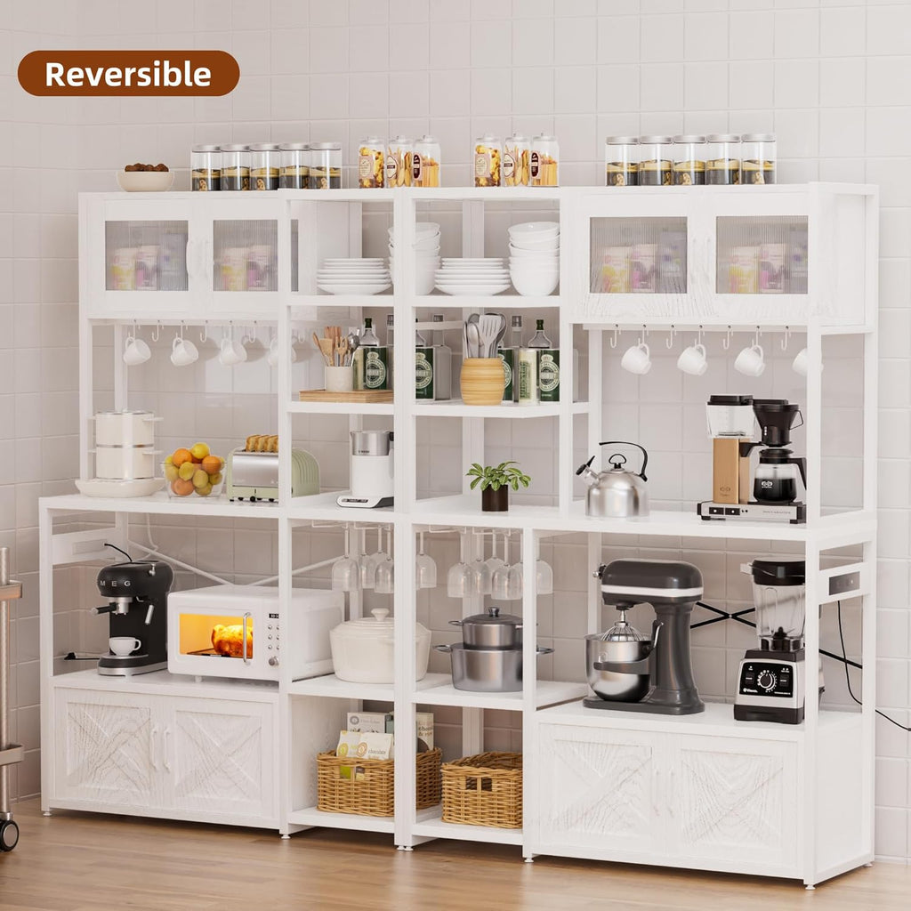 Bakers Rack with Storage Cabinet, 5-Tier Coffee Bar with Power Outlet and LED Lights, Industrial Microwave Oven Stand with Shelves, Kitchen Storage Shelf, White