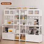 Bakers Rack with Storage Cabinet, 5-Tier Coffee Bar with Power Outlet and LED Lights, Industrial Microwave Oven Stand with Shelves, Kitchen Storage Shelf, White