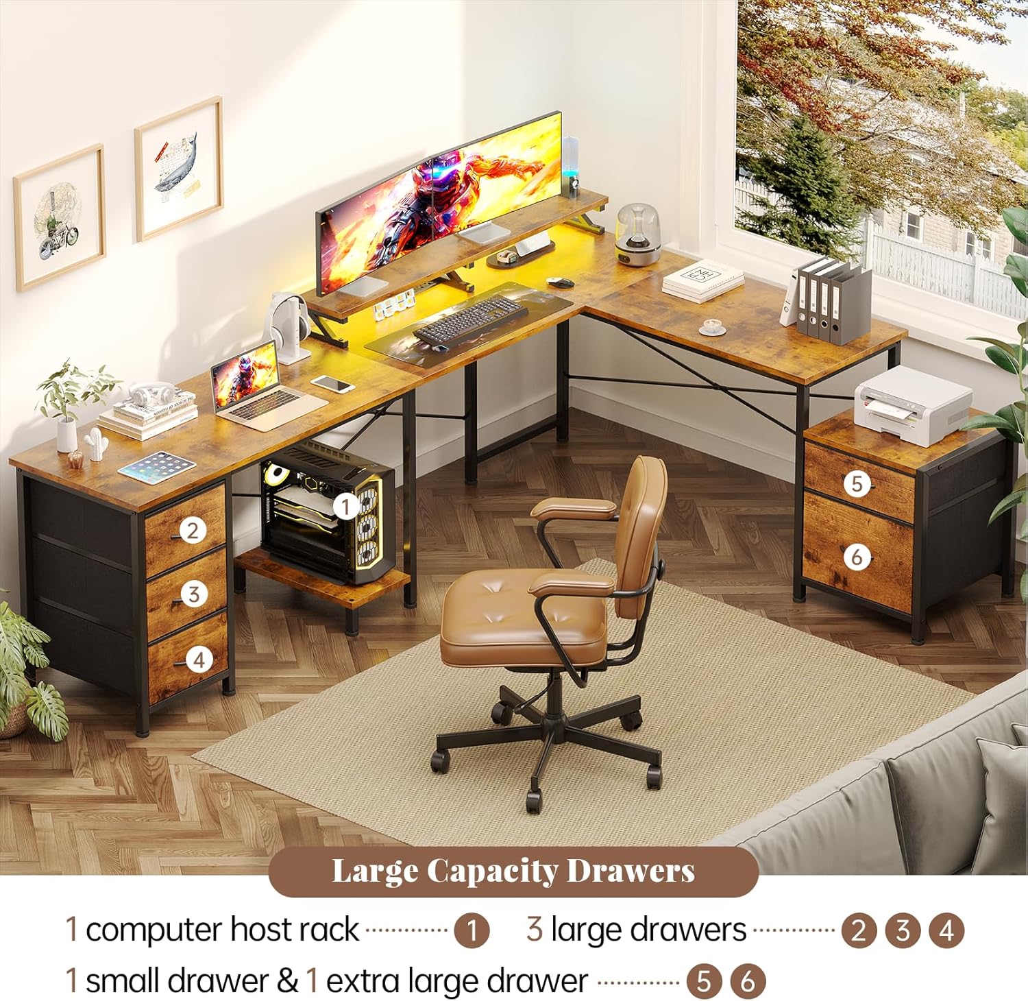 U Shaped Computer Desk, Reversible L Shaped Desk with Power Outlets & USB Ports, Corner Gaming Desk with Drawers, Home Office Desk with Storage Shelves, LED Lights, Rustic Brown