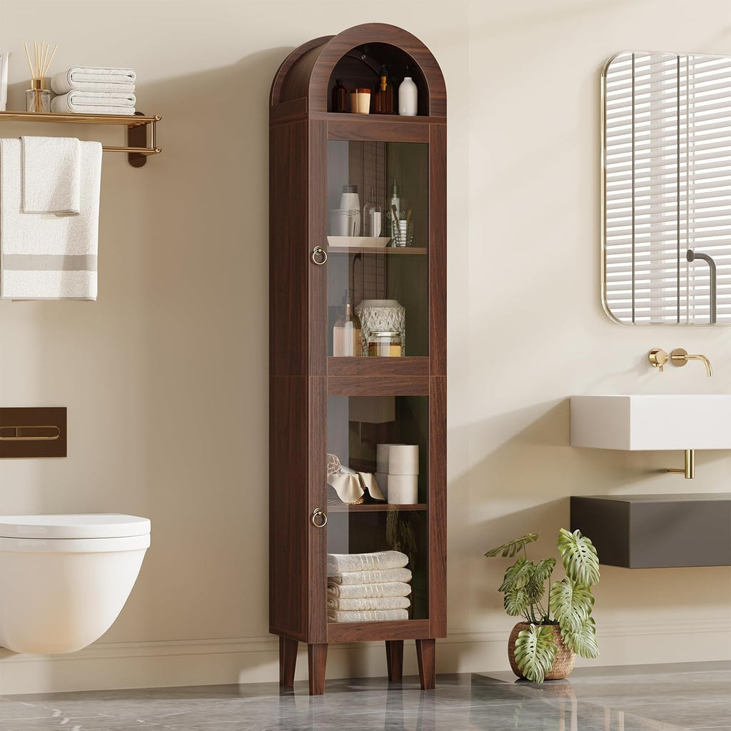 71" Tall Arched Storage Cabinet with Glass Door, Display Cabinet with Top-Opening Storage Container, Kitchen Versatile Pantry, Brown