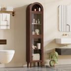 71" Tall Arched Storage Cabinet with Glass Door, Display Cabinet with Top-Opening Storage Container, Kitchen Versatile Pantry, Brown