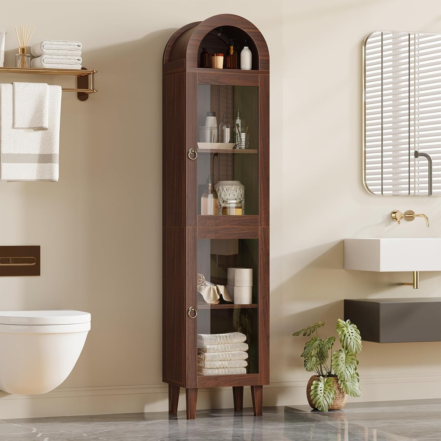 71" Tall Arched Storage Cabinet with Glass Door, Display Cabinet with Top-Opening Storage Container, Kitchen Versatile Pantry, Brown