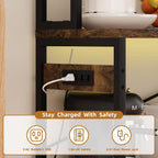69 Inch Bakers Rack with Storage Cabinet, 5-Tier Coffee Bar with Power Outlet and LED Lights, Industrial Microwave Oven Stand with Shelves, Kitchen Storage Shelf, Rustic Brown