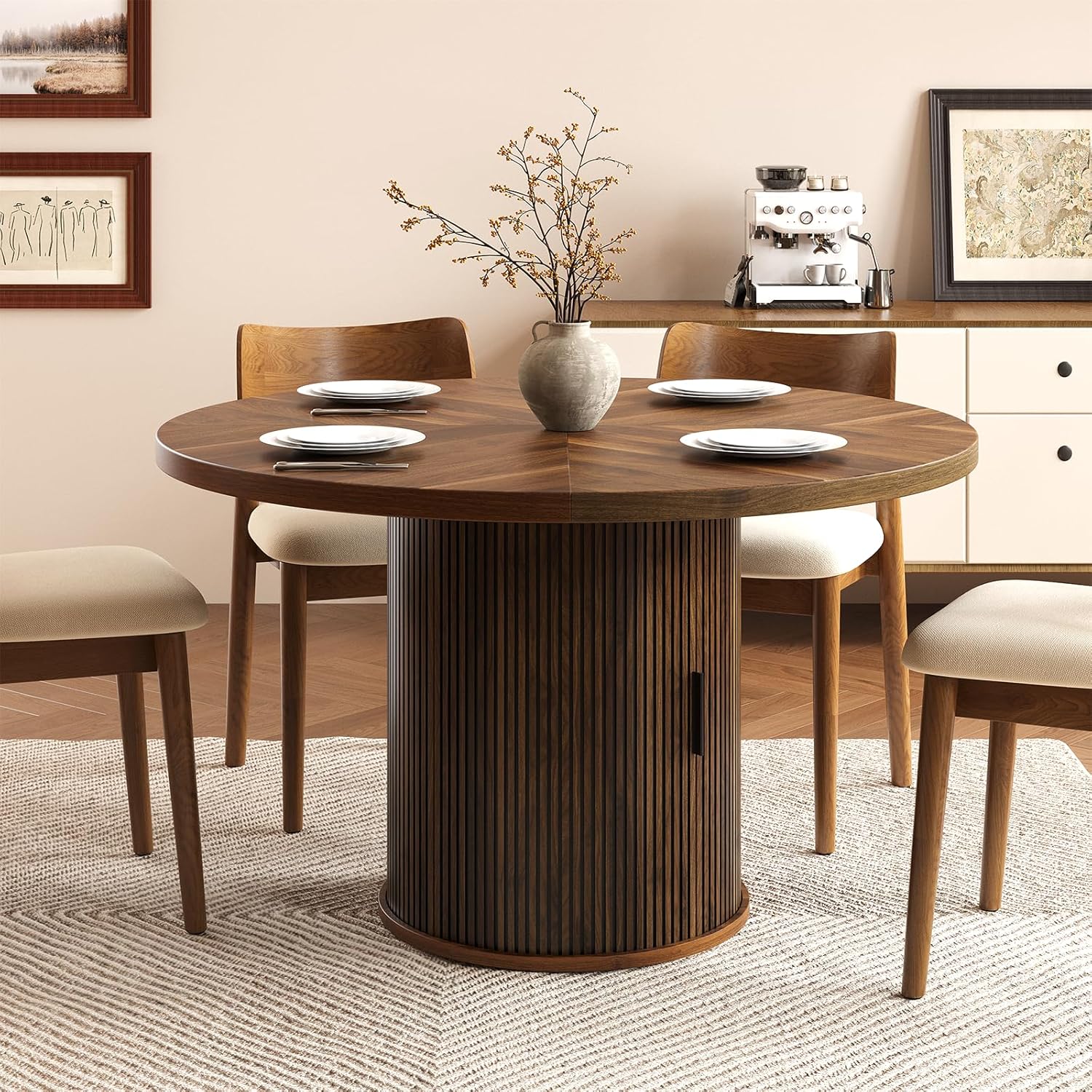 47 inch Round Dining Table for 4, Farmhouse Kitchen Table with 2-Layer Storage Shelf and Wood Slide Door Modern Dinner Table or Home Dining Room Living Room (Walnut)
