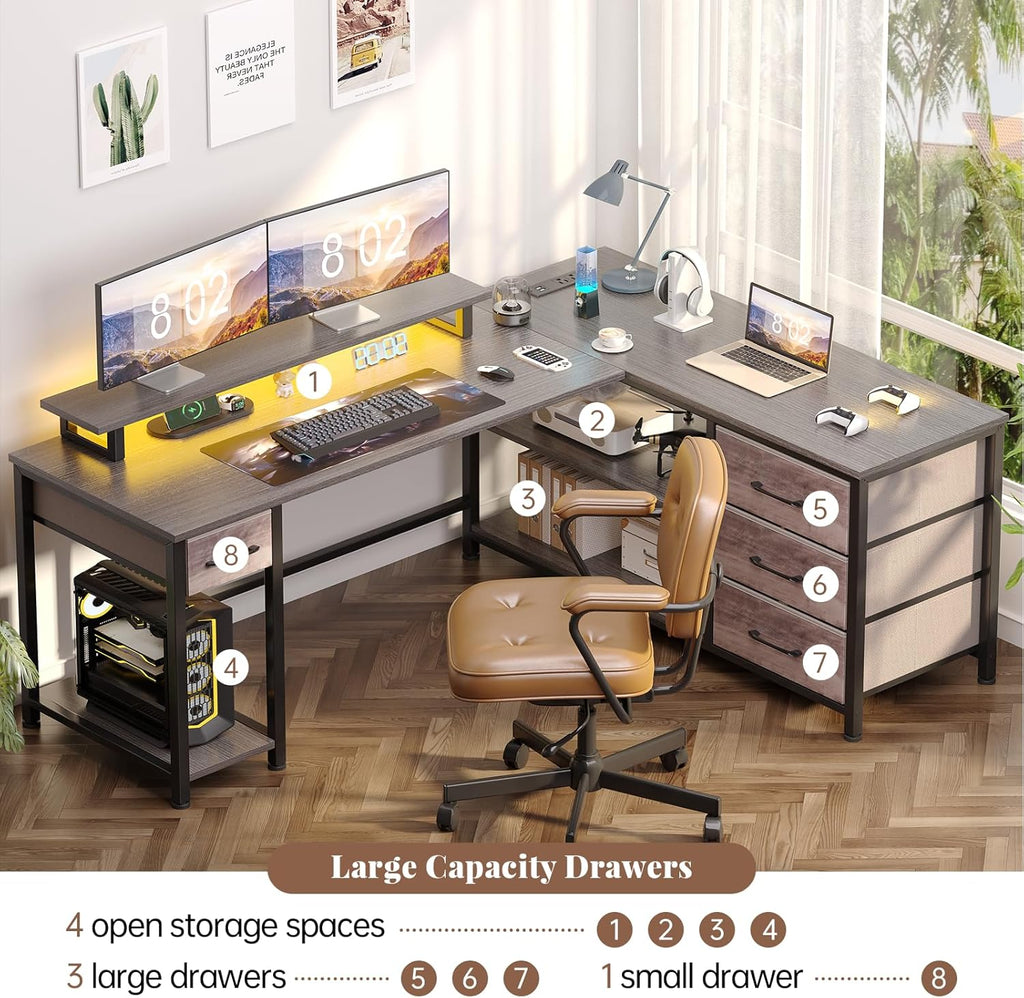 60" Corner Gamer Desk Table with Power Outlets, Reversible L Shaped Home Office Desk with Drawers, Computer Desk with Monitor Stand, LED Lights, Grey