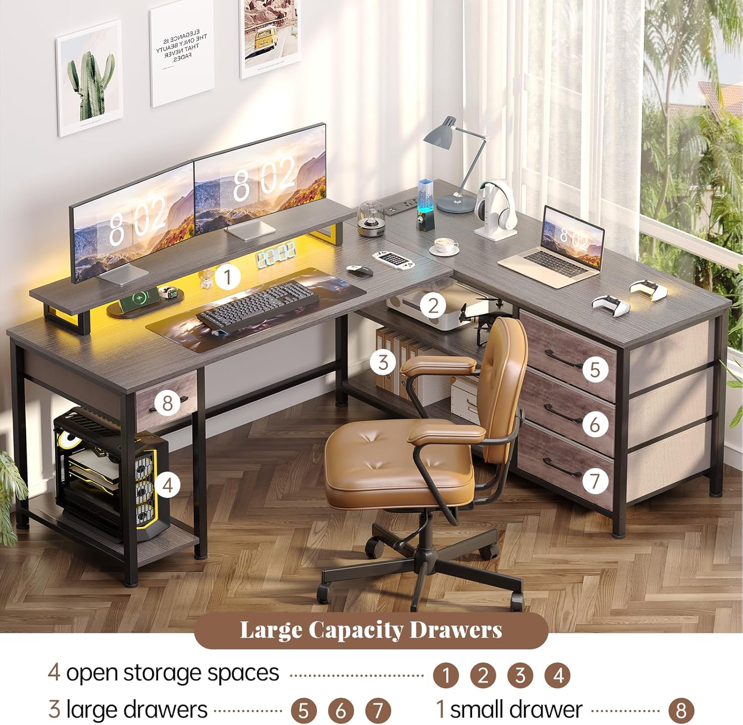 60" Corner Gamer Desk Table with Power Outlets, Reversible L Shaped Home Office Desk with Drawers, Computer Desk with Monitor Stand, LED Lights, Grey