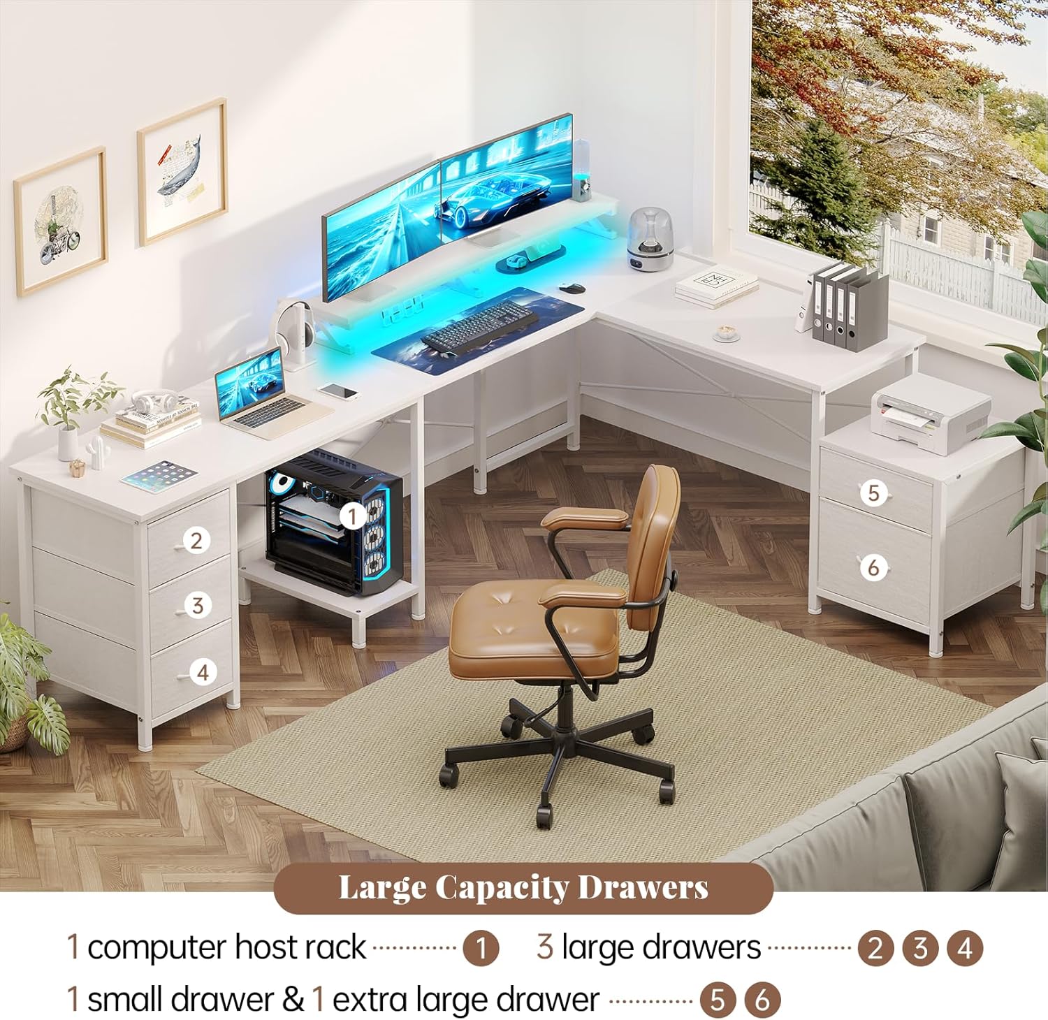 U Shaped Computer Gaming Desk, Reversible L Shaped Desk with Power Outlets & USB Ports, LED Strip & Monitor Stand, Large Corner Desk with Storage Shelves for Home Office, White