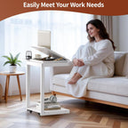 C Shaped End Table for Couch, C Side Table with Convertible Desktop, Folding Tray & Lockable Wheels, 360° Swivel TV Tray Table, Couch Tables That Slide Under, for Living Room, Bedroom, Sofa, White