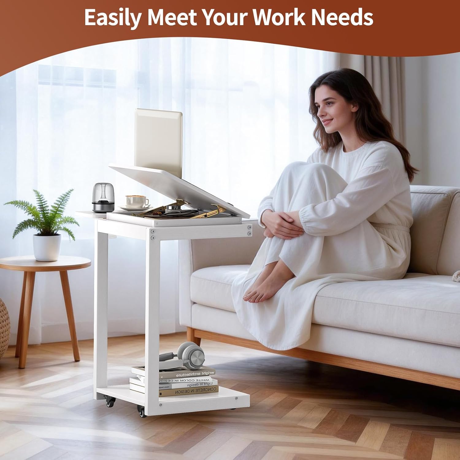 C Shaped End Table for Couch, C Side Table with Convertible Desktop, Folding Tray & Lockable Wheels, 360° Swivel TV Tray Table, Couch Tables That Slide Under, for Living Room, Bedroom, Sofa, White