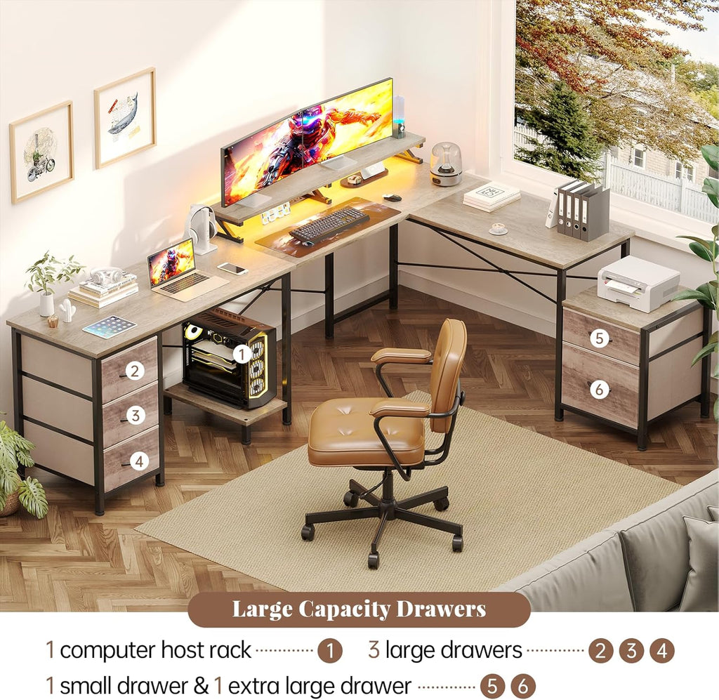 U Shaped Computer Desk, Reversible L Shaped Home Office Desk with Drawers, Monitor Stand, LED Lights, Corner Gamer Desk Table with Power Outlets & USB Ports, Grey