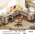 U Shaped Computer Desk, Reversible L Shaped Home Office Desk with Drawers, Monitor Stand, LED Lights, Corner Gamer Desk Table with Power Outlets & USB Ports, Grey